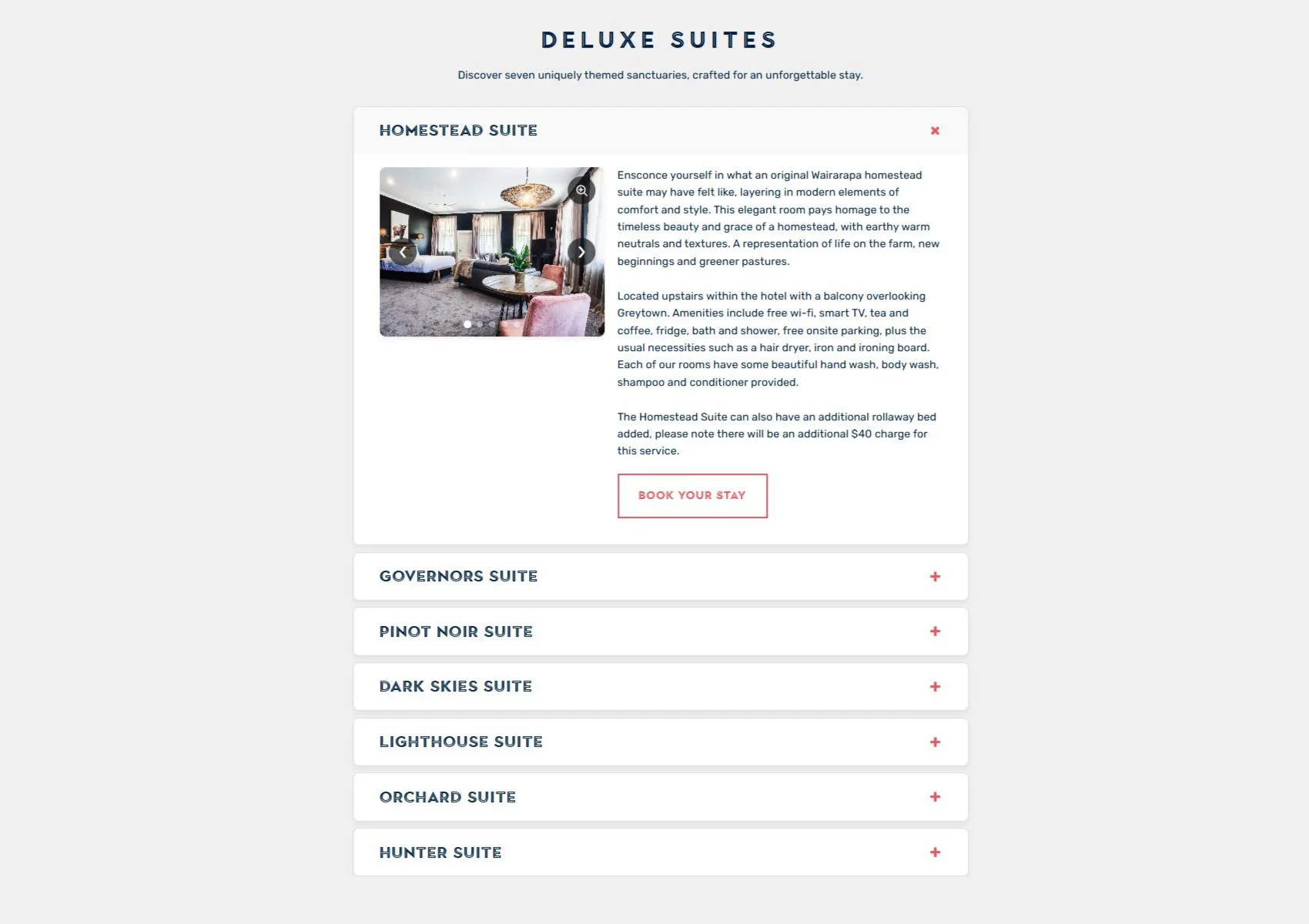Desktop and mobile views of the responsive Homestead Suite accordion designed for The White Swan website
