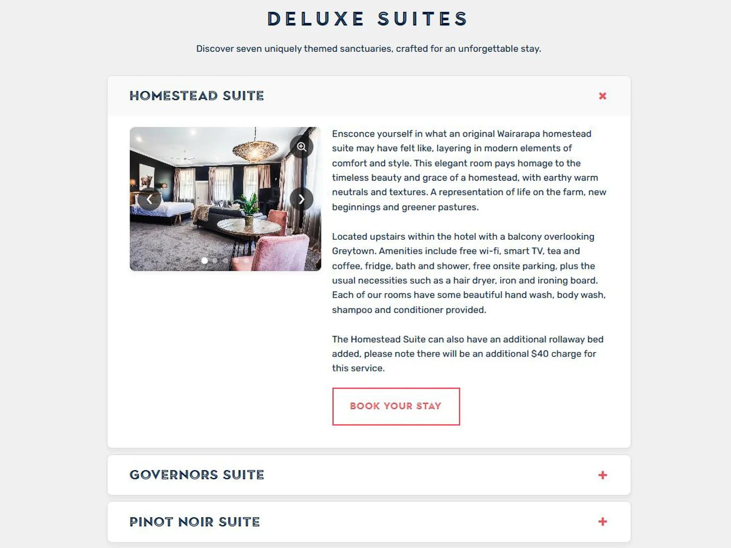 Responsive Deluxe Suites accordion with the Homestead Suite expanded on The White Swan website