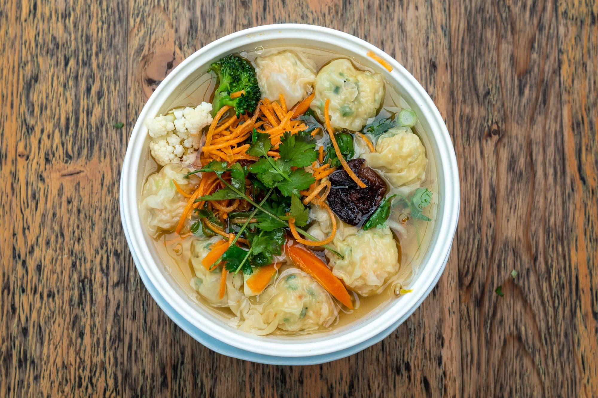 An overhead view of dumpling soup at Viet Nom Nom, New Plymouth