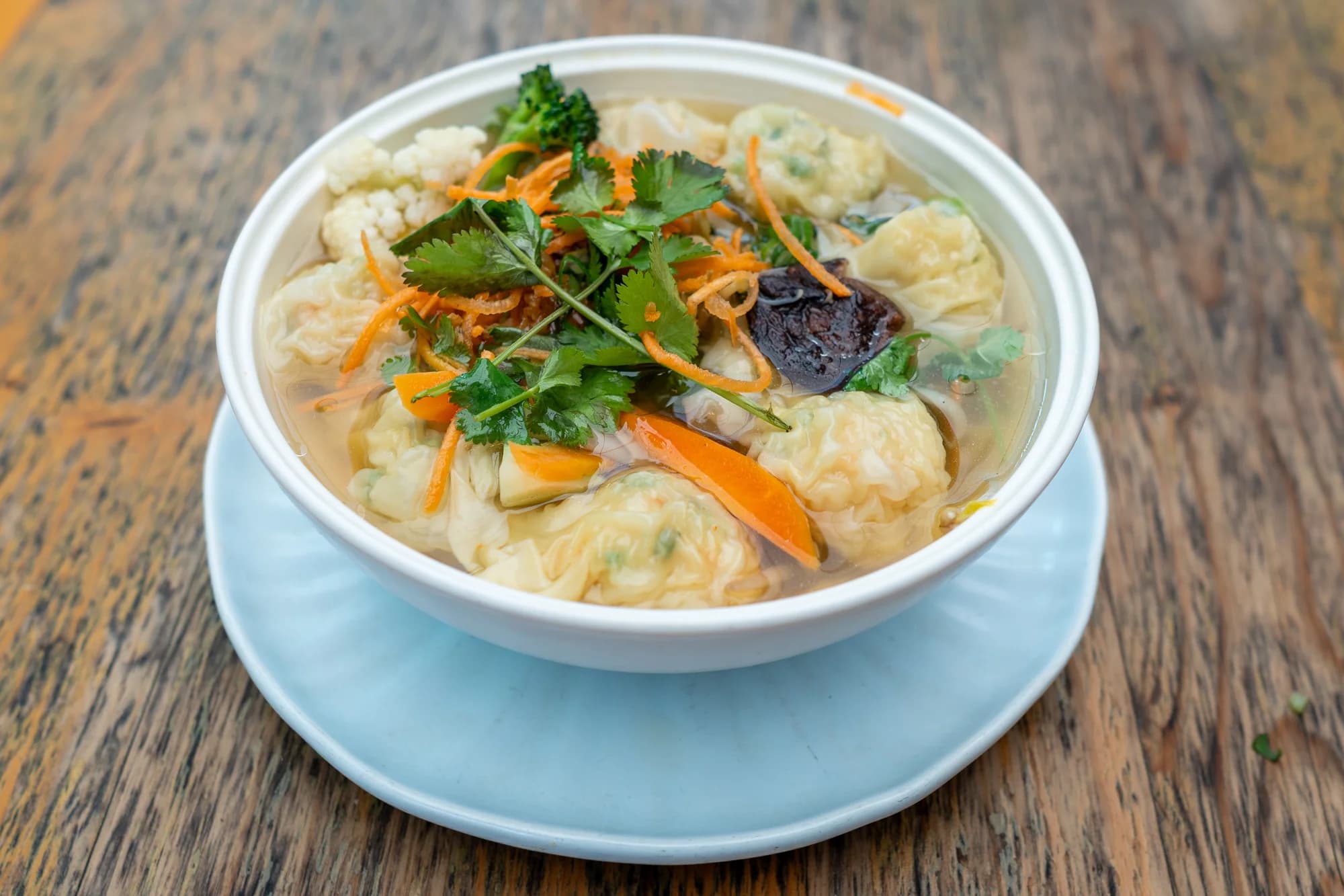 Dumpling soup with vegetables and coriander at Viet Nom Nom, New Plymouth