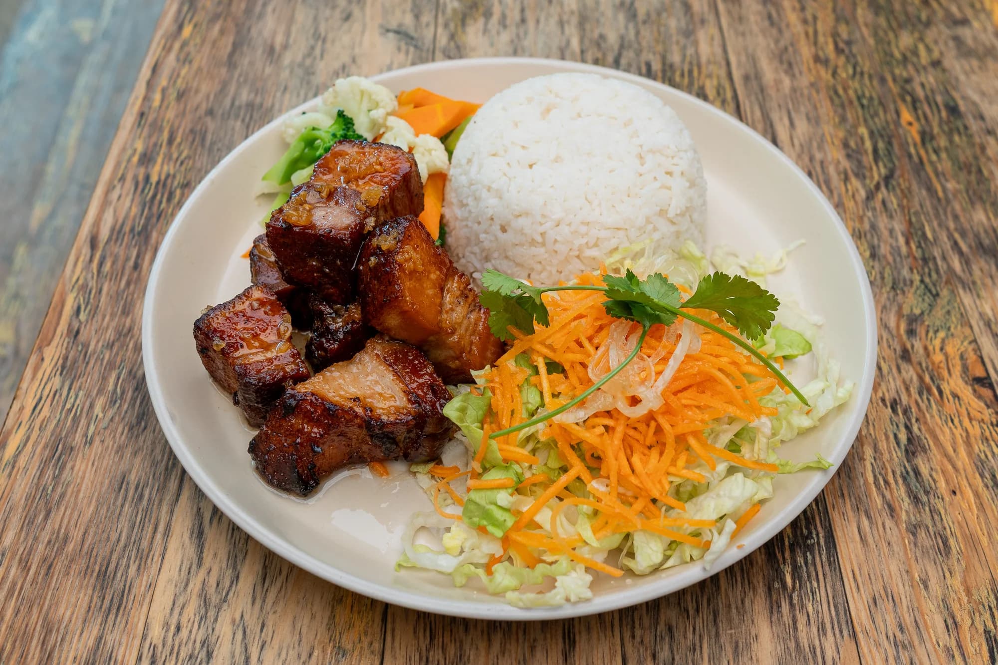 Glazed pork with rice and fresh salad at Viet Nom Nom, New Plymouth