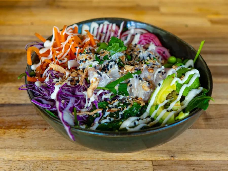 Fresh creamy ceviche poke bowl from Kahakai Poké Bowls
