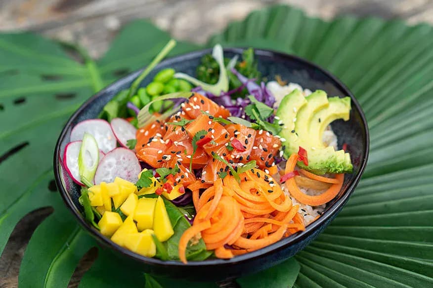 Marinated fresh salmon poke bowl from Kahakai Poké Bowls