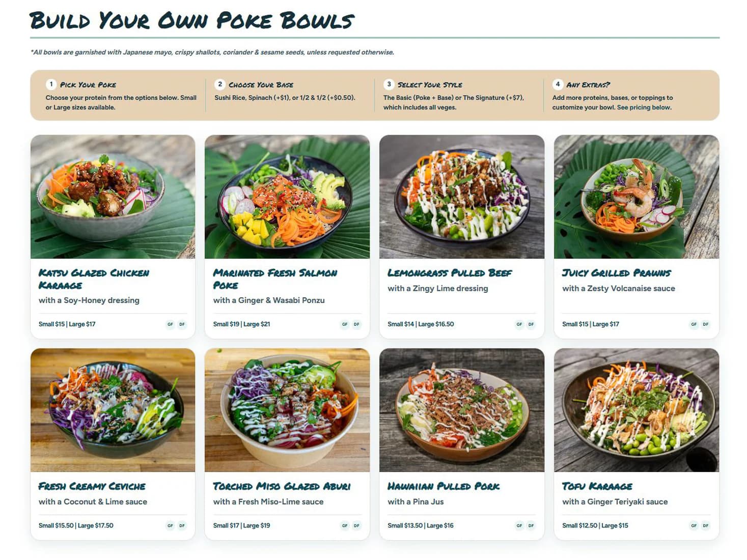 Responsive build-your-own poké bowl menu displayed on the Kahakai Poké Bowls website